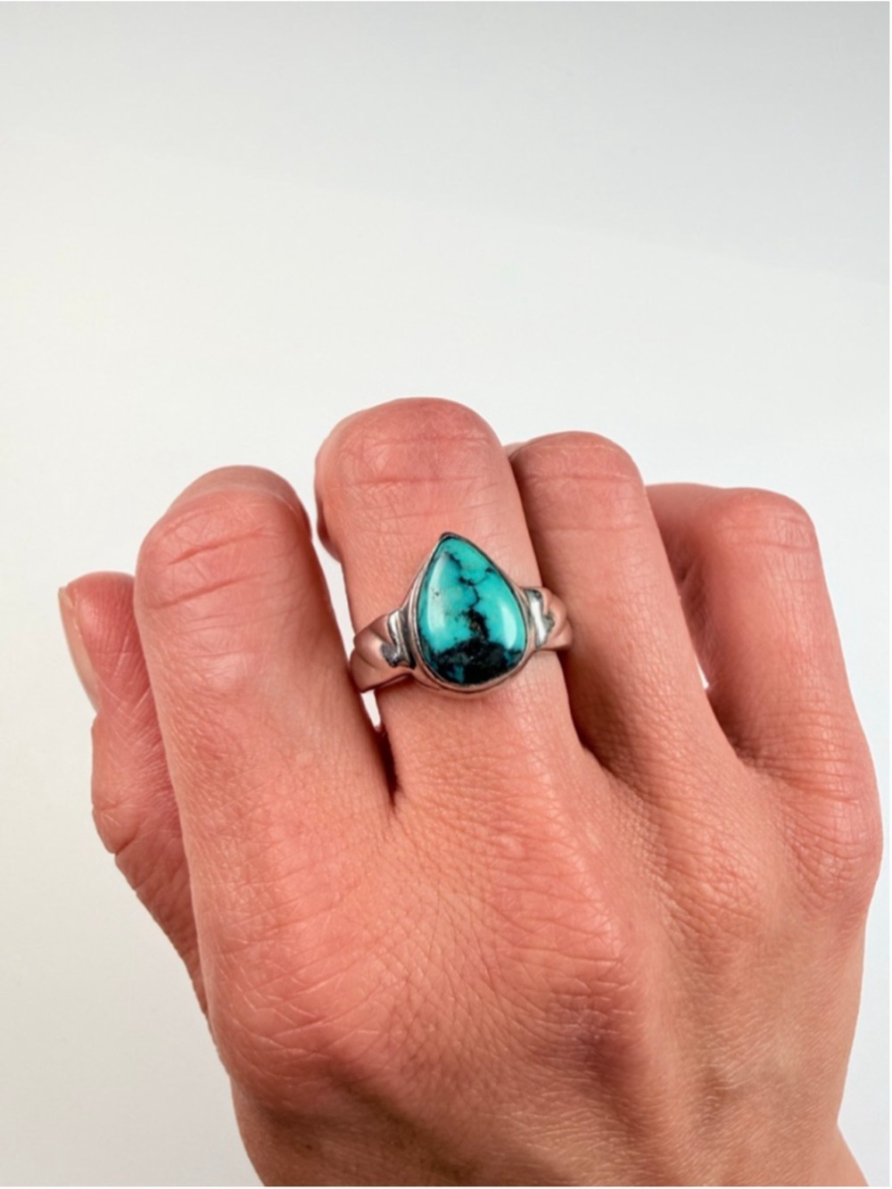 Southwestern Turquoise Tear Drop 925 Sterling Silver Cable Vintage Ring - Picture 7 of 10